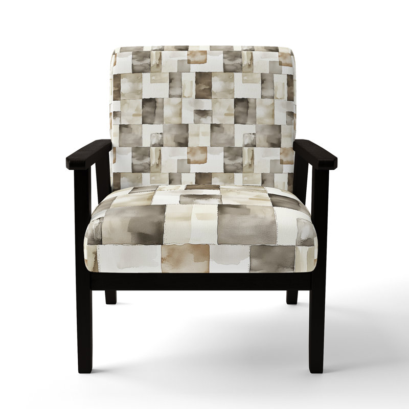 Chaise rembourrée gris et beige Country Farmhouse, Accoudoirs carrés noirs