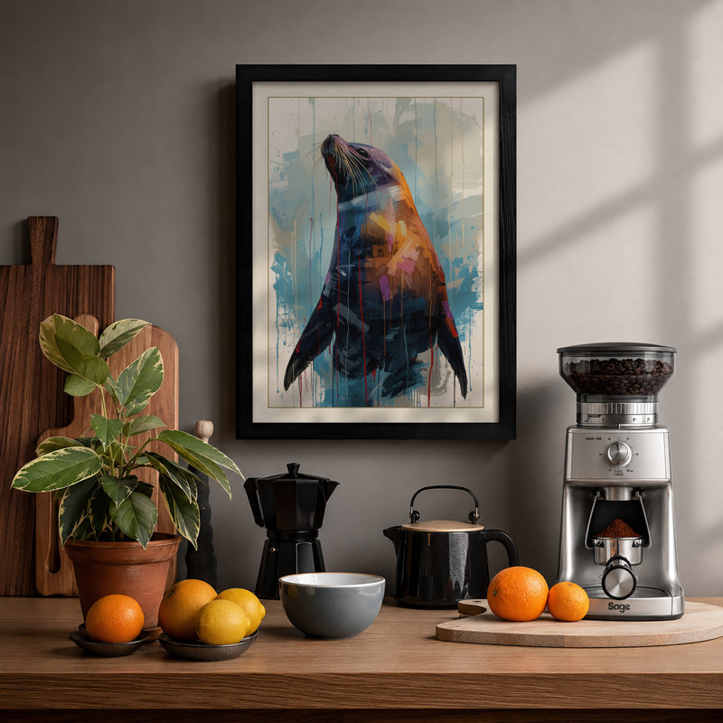 Seal in Autumn Light Coastal - Framed Print, A2 - 59.4 x 42.0 cm, Black