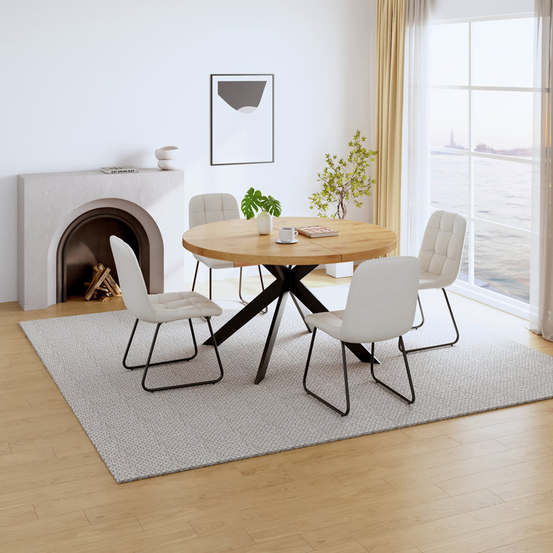 46.4" Round Table Set Of 4 , Modern Kitchen Table Set, Mdf Dining Table With Dining Chairs, White
