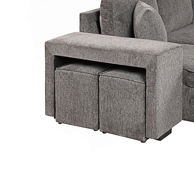 Canapé moderne, canapé-lit escamotable, canapé modulaire réversible en L à 3 places avec méridienne de rangement et 2 tabourets, canapé d'appoint