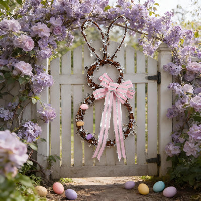 Easter Bunny Shaped Wreath Suitable For Front Door Hanging Window Display Or General Easter/spring Decoration Features Egg Bow And Bunny Ear