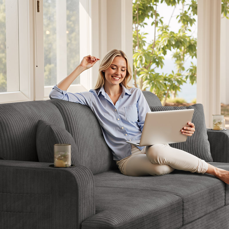 84" Modern Style Comfortable Corduroy Reception Sofa, Seating of 3, with Cup Holder and Side Pocket, Gray