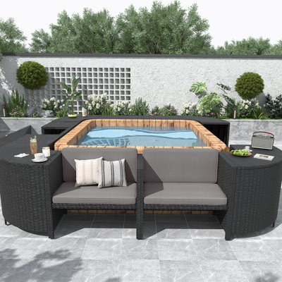 Ensemble de canapé modulaire en rotin quadrilatéral avec cadre mini spa, sièges en bois et espaces de rangement Spa