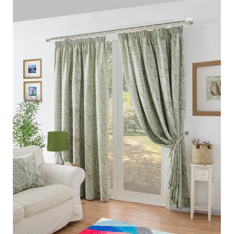 Zamora Chenille Jacquard Pencil Pleat Curtains Pair, 168cm Width x 183cm Drop, Green