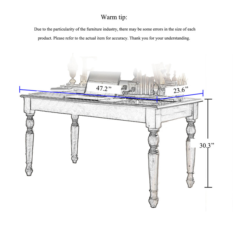 Traditional Wood Writing Desk with Turned Legs, 30.3" H x 47.2" W x 23.6" D