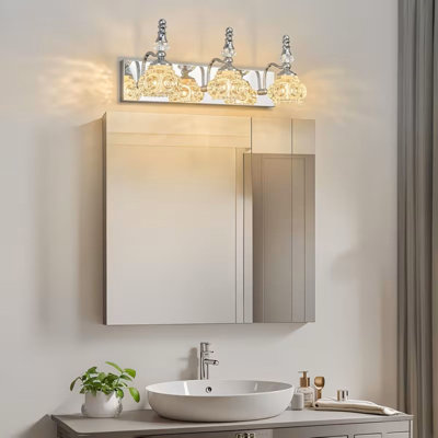 Luminaire de meuble-lavabo de salle de bain rétro 3 lumières - chrome industriel avec abat-jour en verre, applique murale câblée sur miroir, plafonnier semi-encastré, commande à bouton-poussoir