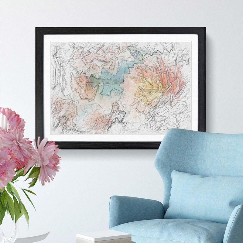 Pale Pink Dahlia Flowers in Bloom in Abstract - Picture Frame Drawing Print, 62cm H x 87cm W x 2cm D, Black Framed