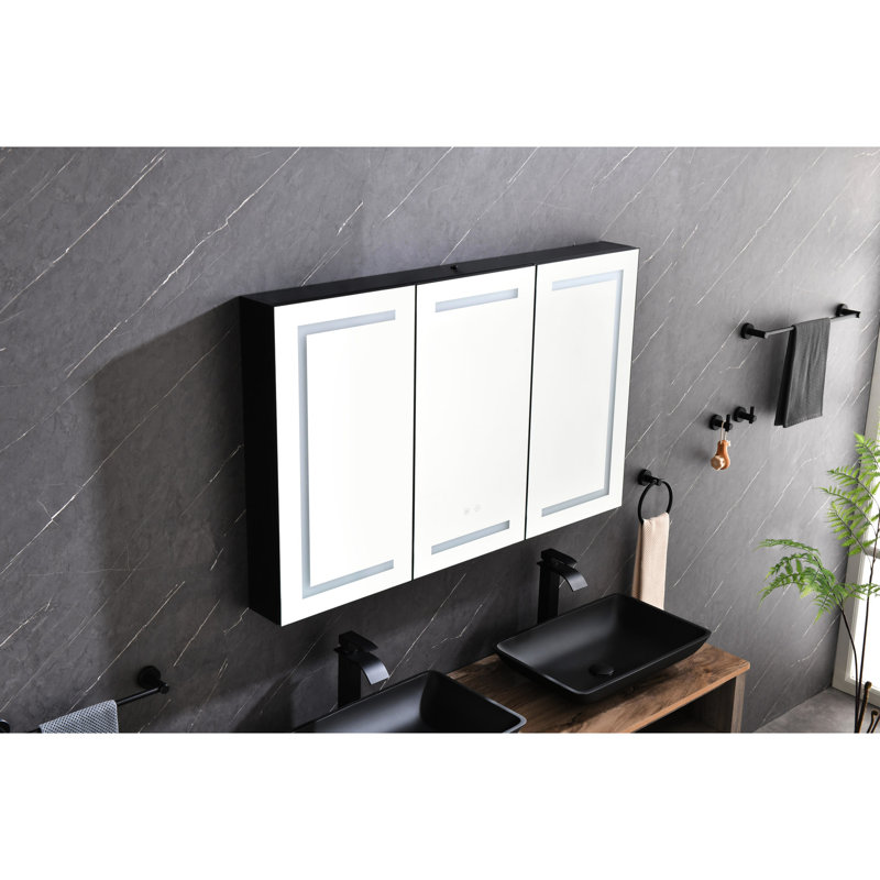 Pharmacie pour salle de bain 48 "x 30" avec lumières, gradateur, horloge, présentoir de température et bac de rangement en aluminium noir mat