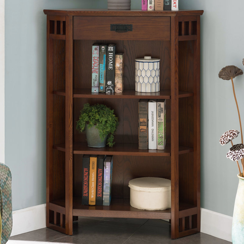 Sanroman Solid Wood Corner Bookcase in Mission Oak
