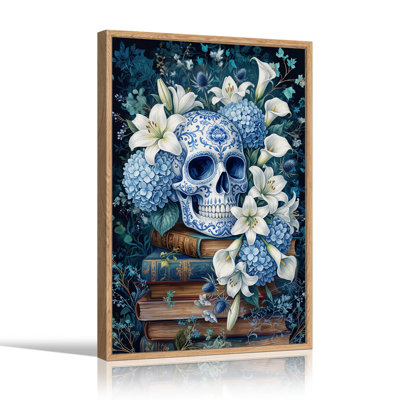 «Blue» à motif de crâne sur pile de livres avec art mural blanc d'Halloween