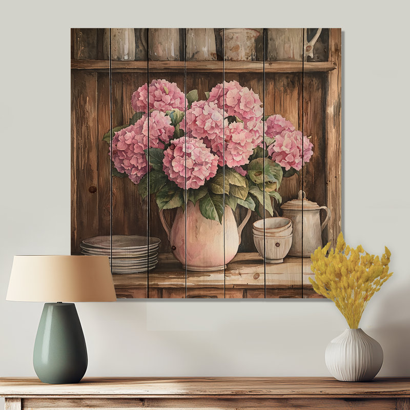 Hortensias dans la cuisine de la ferme dans un vase en poterie III - hortensia, décoration murale sur bois de pin naturel
