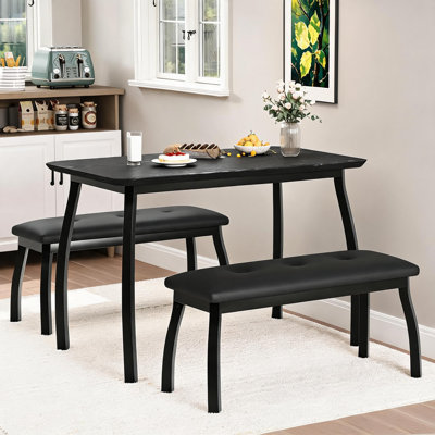 Ensemble de salle à manger 3 pièces de style industriel moderne pour 4 personnes – Structure en métal compacte, plateau en bois composite – 2 banquettes rembourrées en similicuir – Idéal pour salle à manger, cuisine, appartement, noir