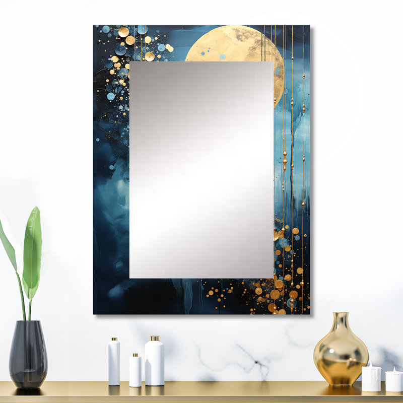 Moon Blue And Gold Cerulean Cycle Dreams III - Moon Large Wall Mirror, Blue Unique Mirror, Printed Metal Art, 32" x 24"