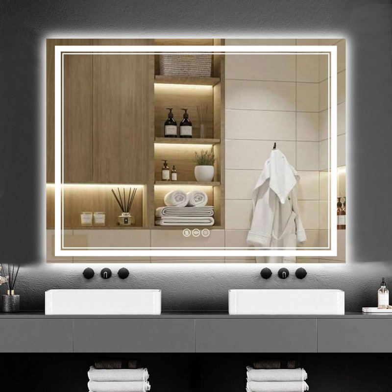 Bright Dual-Sided LED Bathroom Mirror with Anti-Fog, Stepless Dimming, and Three-Color Temperature Functionality. Tempered Glass Construction. Makeup Mirror. ETL/UL Certified.