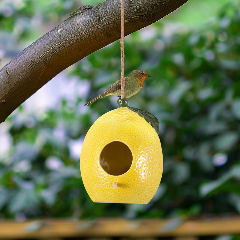 Maison d'oiseaux en céramique de 7 po Gracie Oaks, décor durable jaune / vert