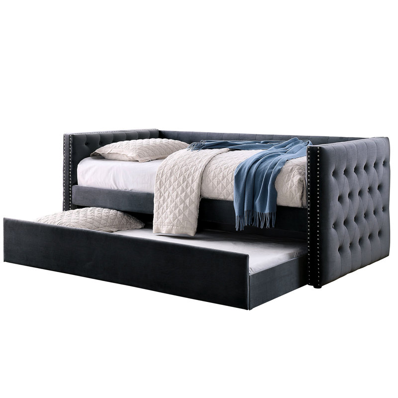 Daybed With Trundle In Gray Transitional Aesthetic, Padded Flannelette Upholstery Button , Nailhead Trim Design, Slat Kit Supplied Of Atmosphere, - Offered
