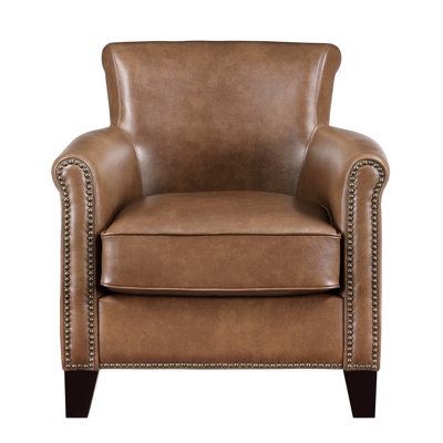 Chaise en cuir brun avec structure en bois massif, chaise d'appoint spacieuse et confortable de 21 po de largeur, ajustée