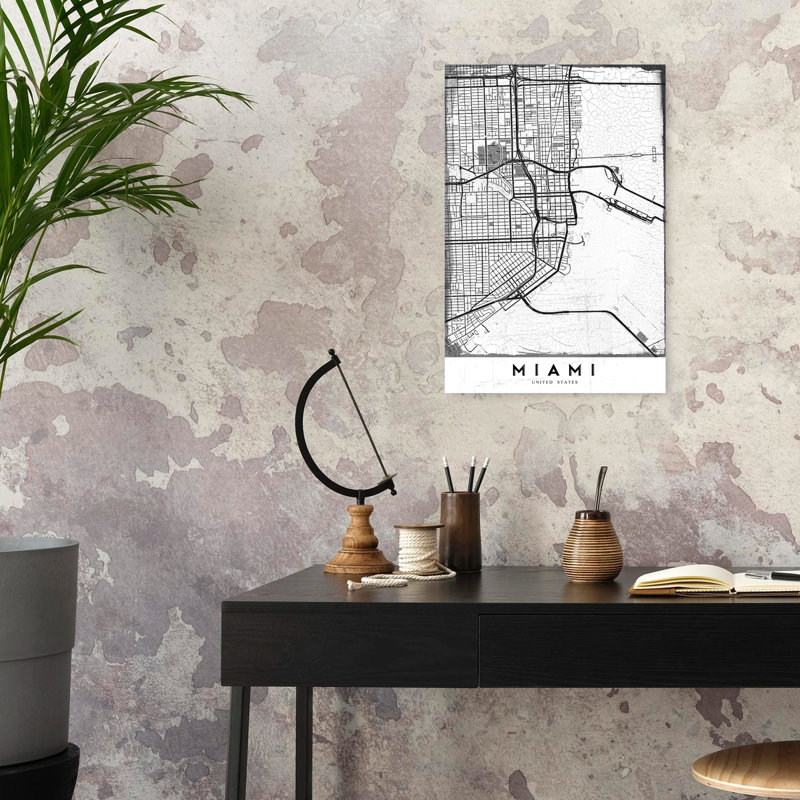 Miami City Map Abstract Contemporary City Wall Art Print 1 Piece Wrapped Canvas Wall Art, 60.96cm H x 40.64cm W