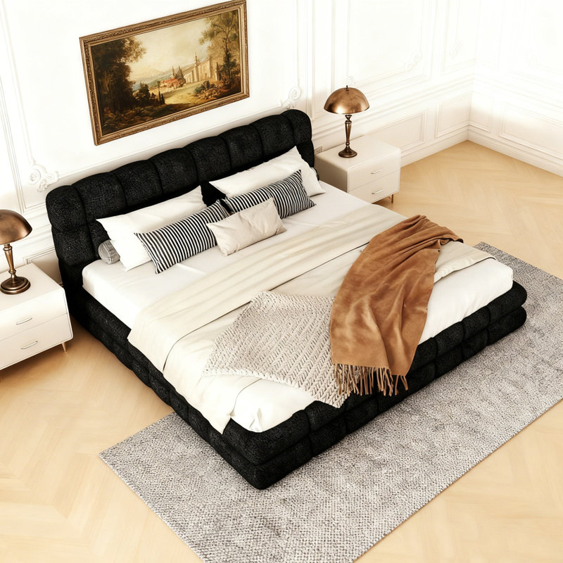 Grand lit plateforme tapissier Berber, Noir, noir, noir, noir