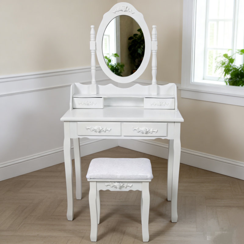 White Princess Vanity Desk Set With Mirror & Cushioned Stool, 4-Drawer Wooden Makeup Vanity Table For Girls' Bedroom, Dressing Table With Ample Storage,White