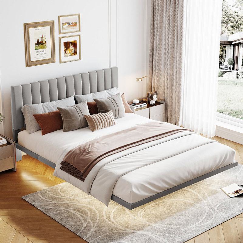 Queen Size Floating Style Upholstered Bed with Sensor Light, Gray