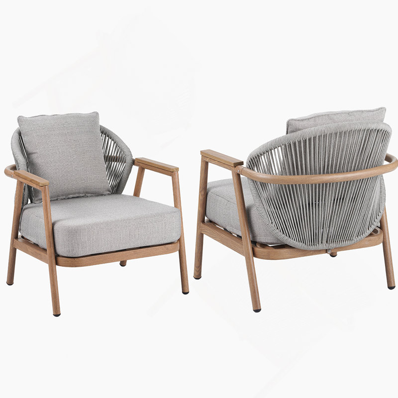 Fauteuil club d'extérieur au fini teck avec coussin taupe texturé, ensemble de 2, 2, Taupe, Teck