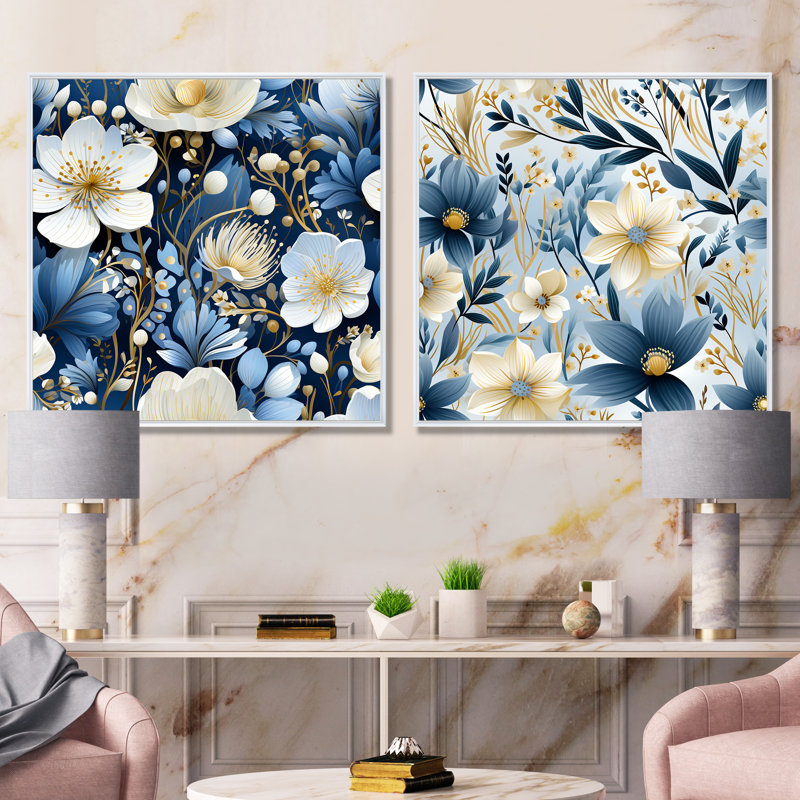 Paquin - ensemble de 2 estampes florales sur toile, Cadre blanc, H 16 po x l 33 po x P 1 po