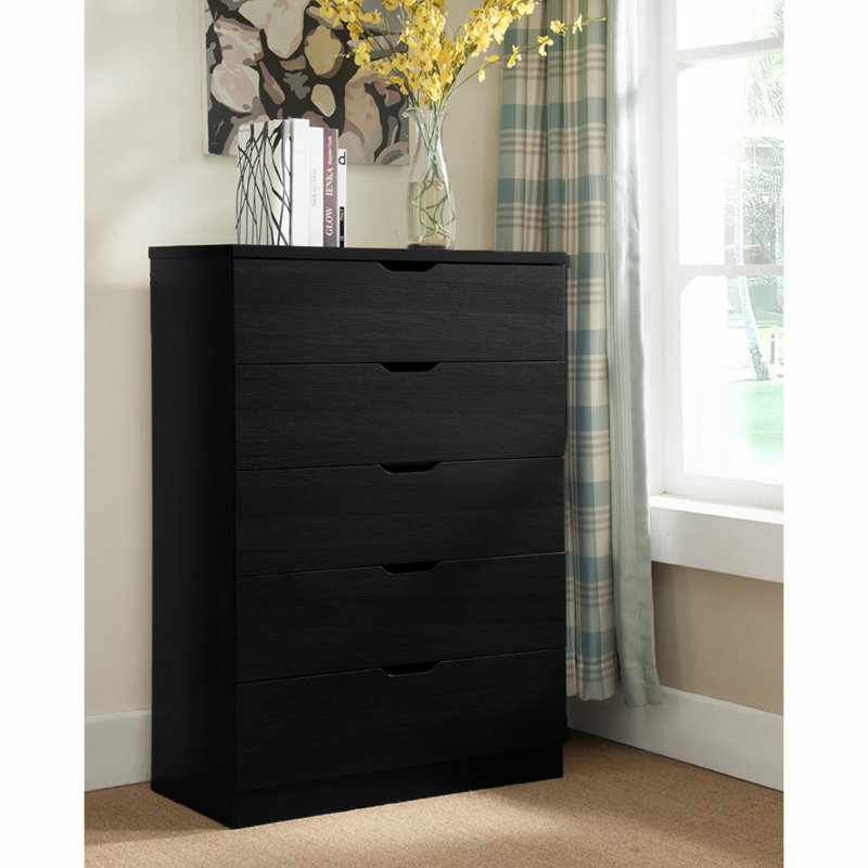 Commode de chambre moderne avec cinq tiroirs, commode de rangement avec glissières de tiroir en métal, Noir