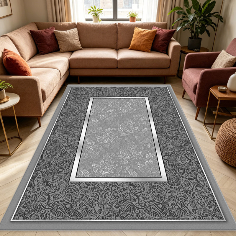 Gray Paisley Border carpet-easy to clean, machine-washable, soft and comfortable; suitable for door mats, kitchens, living rooms, bedrooms, corridors, and laundry areas. Easy to clean, durable carpet for home decoration.
