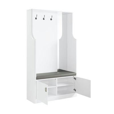 Edelfried Contemporary Rectangular Hall Tree with 3 Hooks and Bench in White
