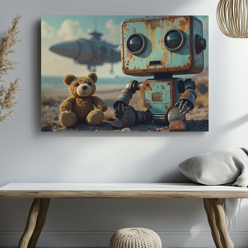 «Lonely Robot with Peluche», art apocalyptique sur toile, prêt à être accroché à la galerie, décoration moderne