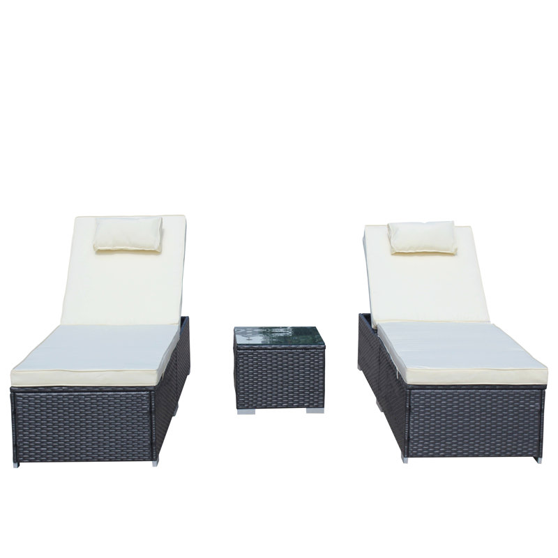 Outdoor Chaise Lounge : 3 With Chair, Cushioned Couch, And Glass Coffee Table. Adjustable Back Feet. Ideal For Pool Garden. Beige. To Water. Assembly Needed Patio Lounger Couch Pillow, For Garden