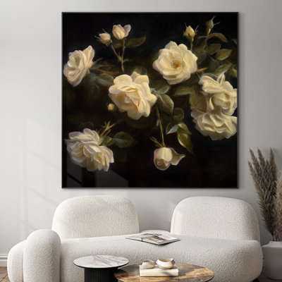 Extra Large Wall Art Fabric Print - White Roses Classic Floral Elegance for Timeless Artwork Decor for Living Room or Bedroom - "Frame Assembly Required (Unfinished Frame)"
