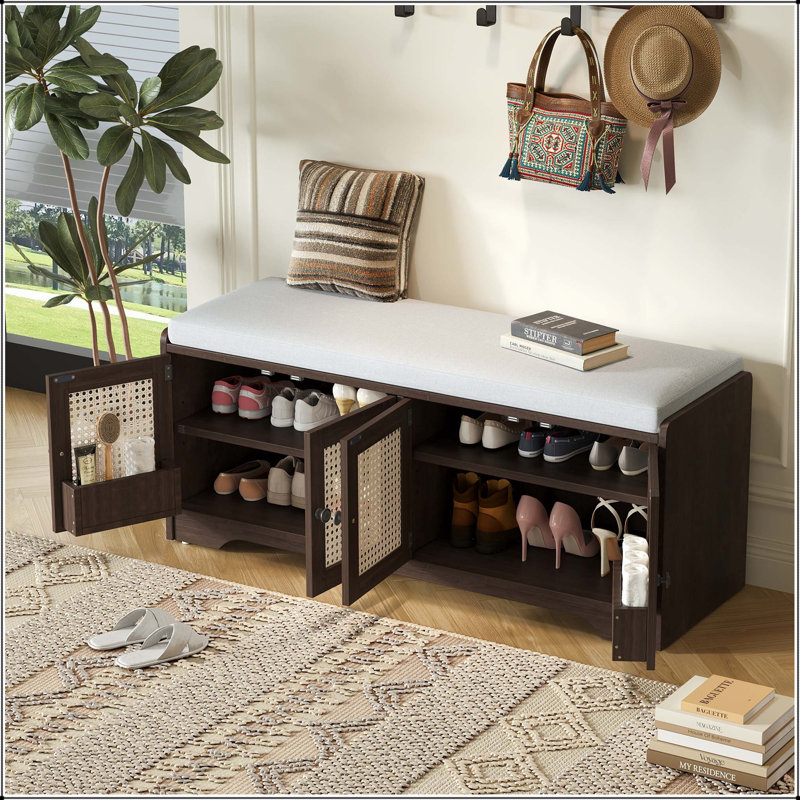 Rustic Storage Bench with Woven Rattan Doors & Adjustable Shelves