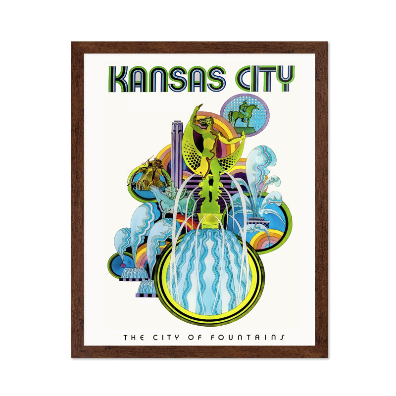 Fontaines de Kansas City, H 18 po x l 24 po, Affiche, Encadrement brun