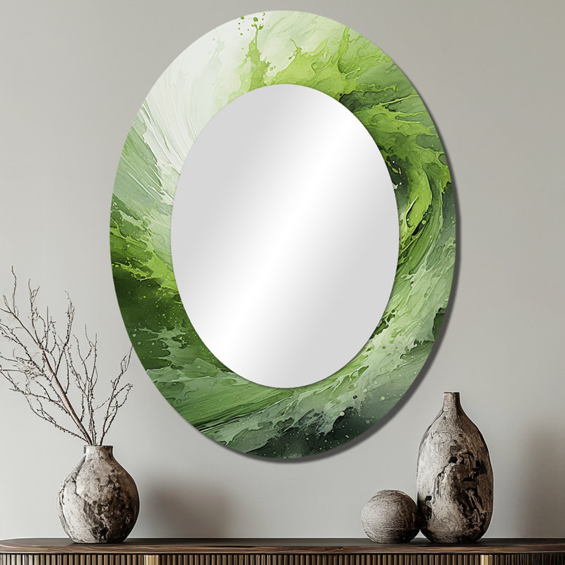 Miroir mural ovale vert et blanc à spirale abstraite III, 40 po x 30 po