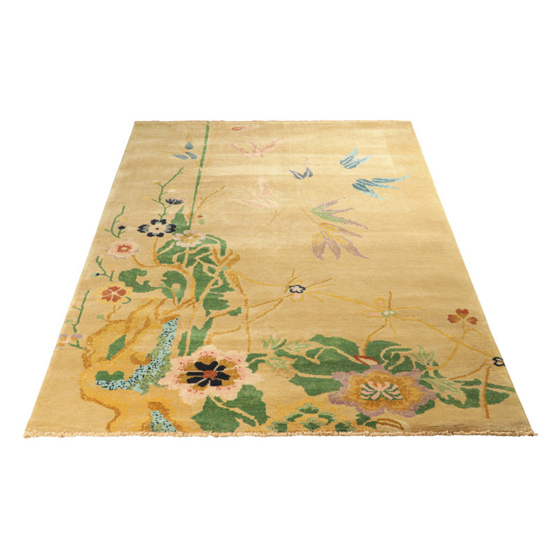 Rug & Kilim’S Chinese Art Deco Style Rug In Gold With Colorful Floral Patterns