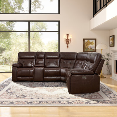 5‑Seat Manual  Reclining L‑Shaped Sectional Sofa, Top Grain Leather Upholstery With Center Storage Console & Cup Holders