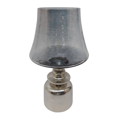 Vase en verre D9x16 "avec finition grise et base en métal argenté