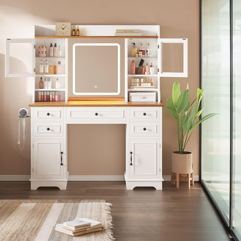 Bureau de meuble-lavabo avec miroir lumineux à DEL, coiffeuse de maquillage avec 5 tiroirs, 4 portes et 3 tablettes de rangement pour la chambre à coucher, le vestiaire, blanc