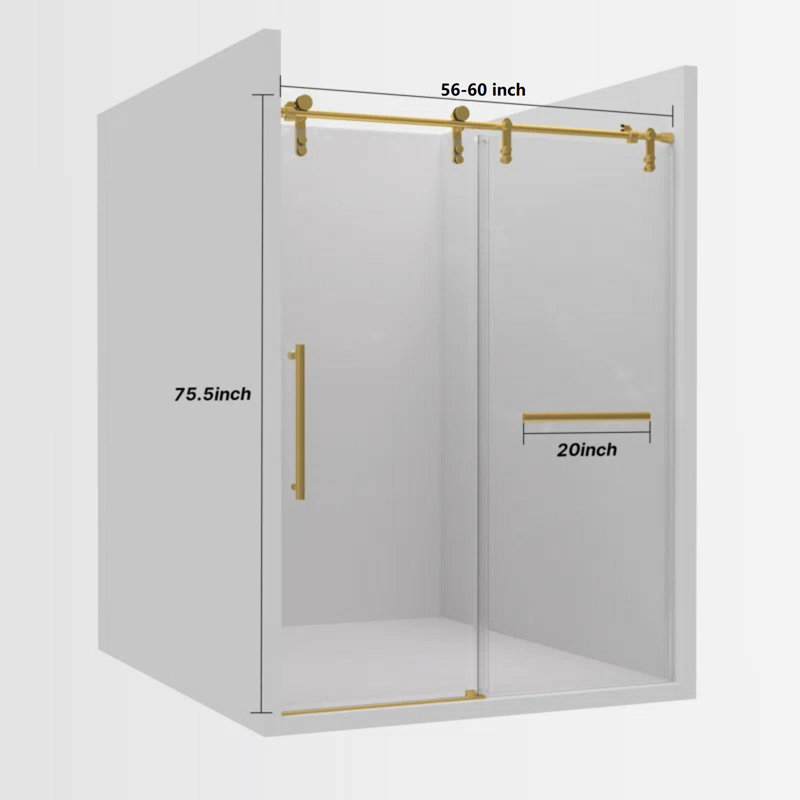 Frameless Sliding Glass Shower Door 56-60" W × 75.5" H Tempered Glass With Stainless Steel Hardware, Gold