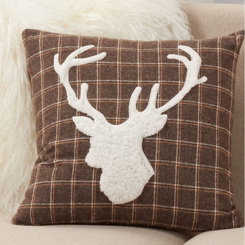 Brown Plaid Reindeer Euro Pillow Cover, 18" Square
