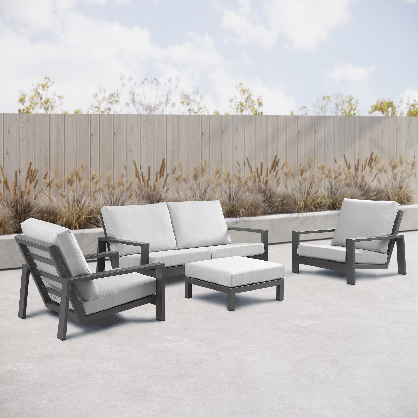 Hoyt 4-Piece Aluminum Lounge Outdoor Modern Conversation Sofa Set with Custom Cover, Silver Gray