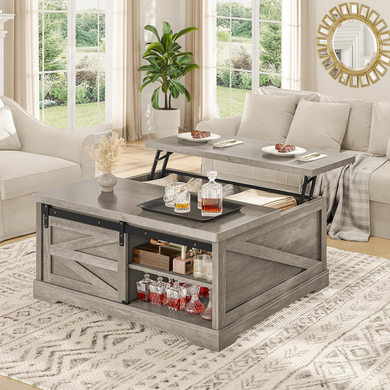 39.4'' Lift Top Coffee Table With Storage, Farmhouse Coffee Tables For Living Room, Gray, Gray
