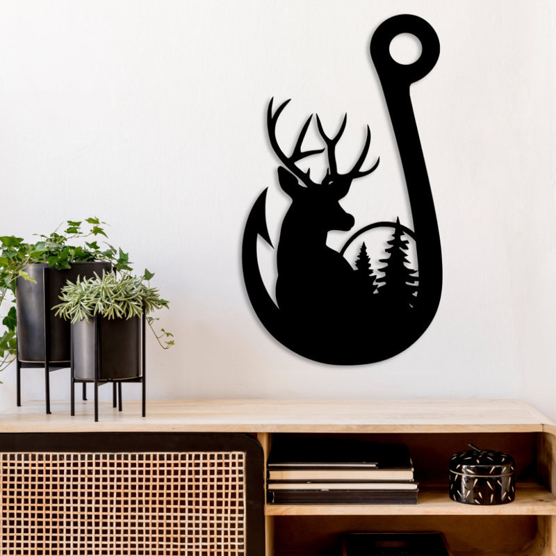 Art mural en métal crochet de pêche au cerf - décoration de pêche de chasse - conception de silhouette de crochet de bois de cerf - rustique chalet à suspendre au mur - sculpture industrielle moderne en métal - décoration intérieure d'aventure en plein air - pièce d'art unique