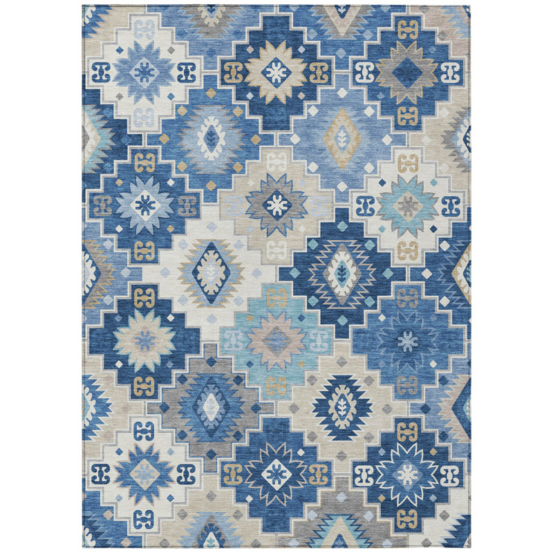 Tapis intérieur lavable beige 9 pi x 12 pi bleu et bleu ciel Southwestern