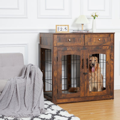 Mobilier de cage pour chien avec coussin, chenil en bois pour l'intérieur avec 2 tiroirs, table de bout avec rangement pour chien