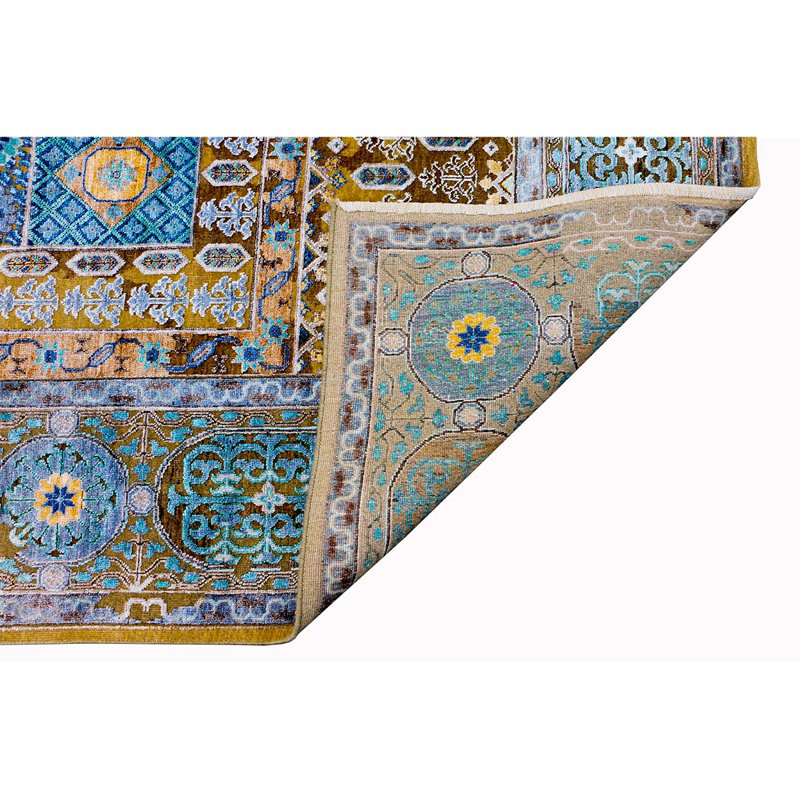 Tapis brun clair et multicolore de haute qualité noué à la main, Rectangle de 5 pi x 8 pi