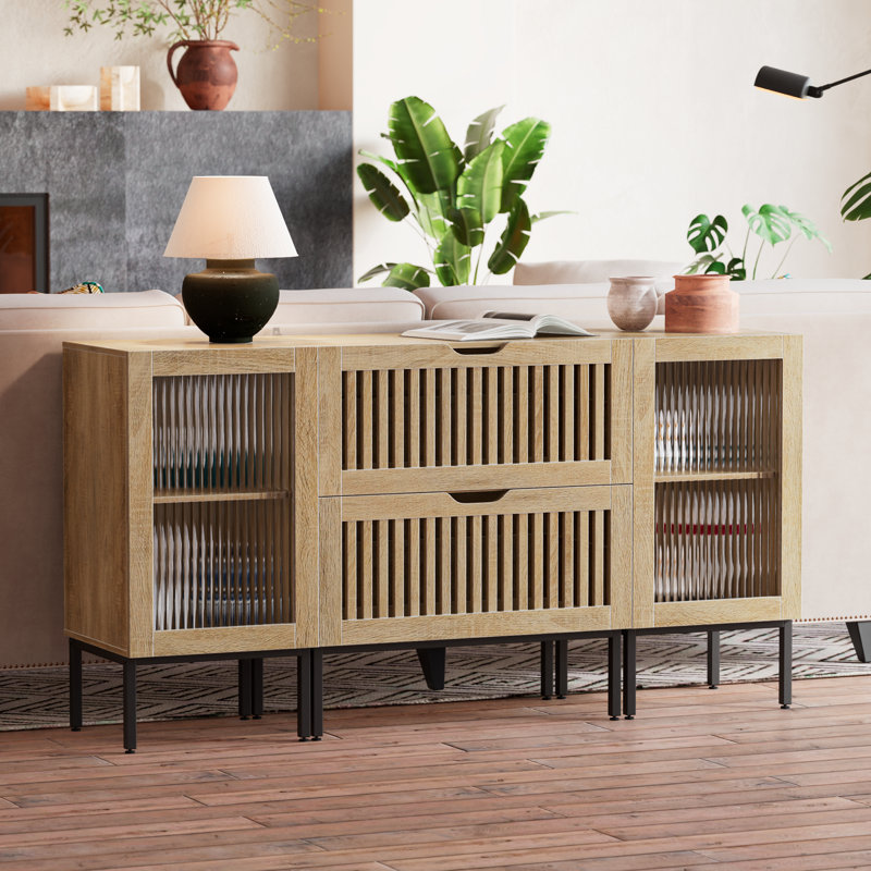 Storage Cabinet,59" Farmhouse Sideboard Buffet Cabinet With Metal Base And Adjustable Foots,coffee Bar Cabinet With Glass Doors For Dining Room,living Room,kitchen,oak