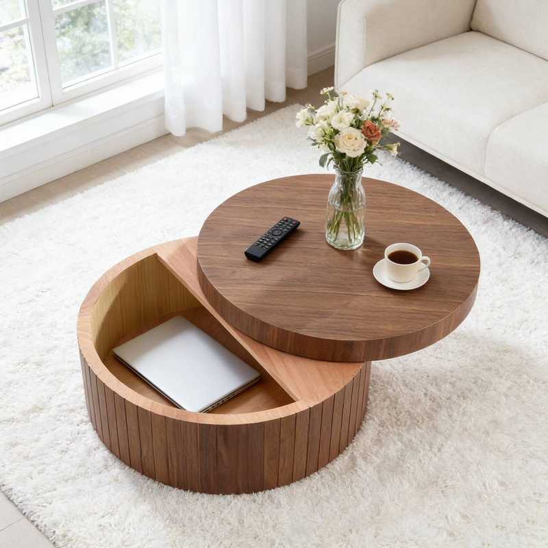 Table basse ronde et moderne avec rangement, table d'appoint décorative pour salon, Noyer